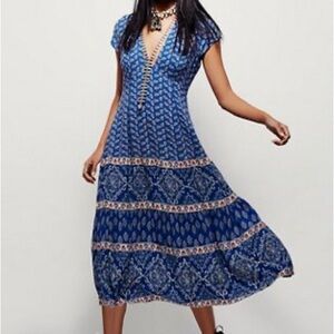 Free People Blue and White Patterned Midi Dress